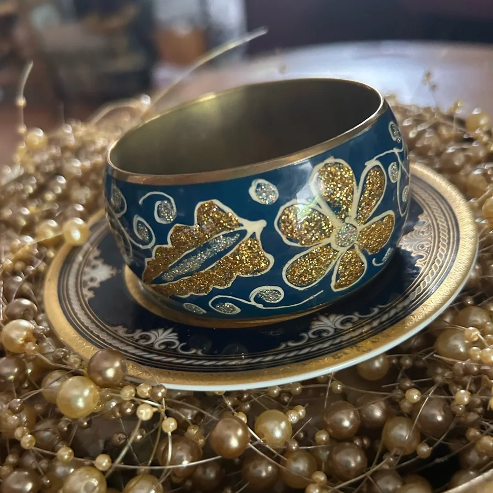 Vintage Wide Blue Enamel Silver & Gold Sparkle Brass Bangle Bracelet